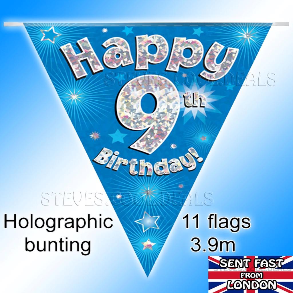 BLUE Happy Birthday Bunting Flags Banners Balloon Age 1st - 90th BOY ...