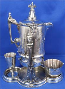 Antique 1870 Reed Barton Ornate Silver Tilting Water Pitcher Set Masonic Emblem