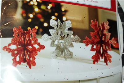 HOLIDAY TIME 3pc Red & Silver Glitter SNOWFLAKE Table or Hanging