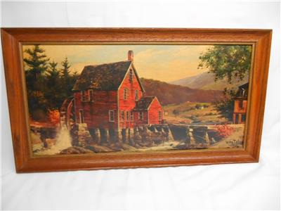 Old Vtg Paynt Oyl Grist Mill Print Wall Hanging Artist Signed