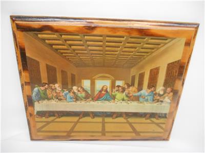 Old Vtg Decopouge Religious Print Last Supper Wood Plaque Wall