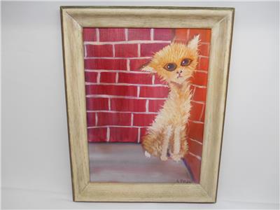 Old Vtg Large Big Eye Cat Oil Painting On Board Kitten Artist