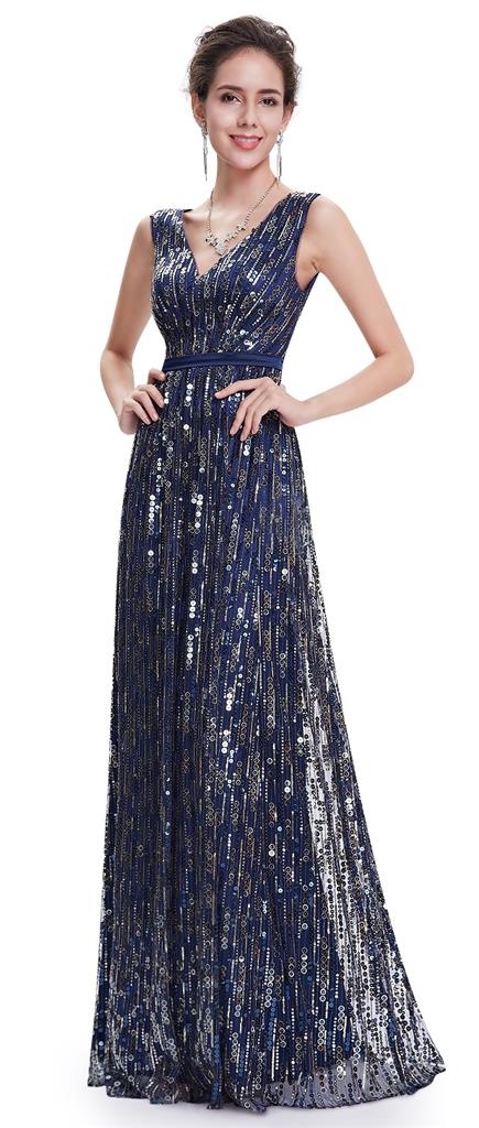 ALLURE Navy Blue Gold Sequin Evening Prom Party Ballgown