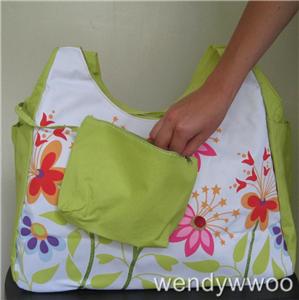 Beach Bag Big Lime Green Pink Flowers Pockets Hand Huge