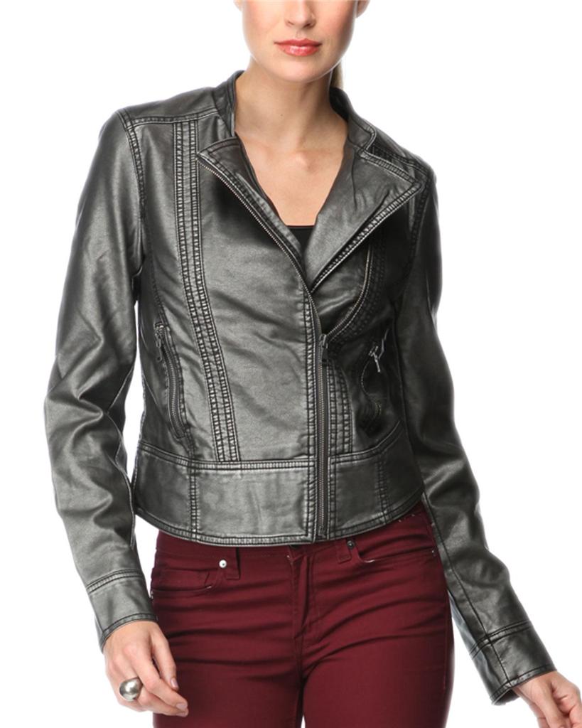 CALVIN KLEIN Motorcycle Jacket Womens Metallic Gray Faux Leather Jacket ...