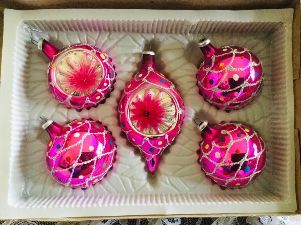 5 PINK Vintage Hand Blown Glass Christmas Ornaments Poland